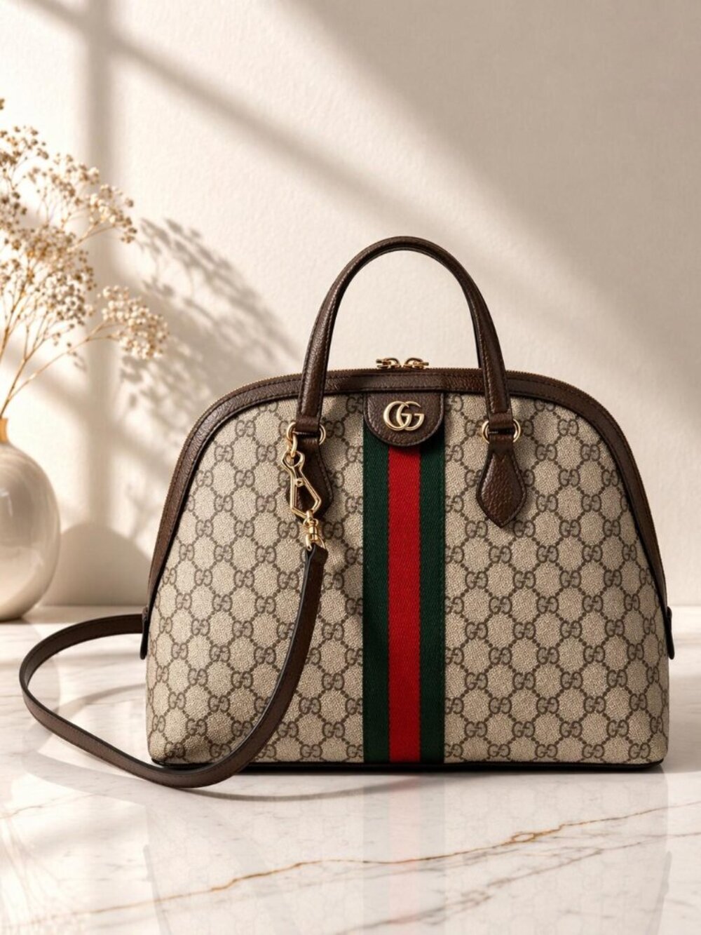 Authentic Gucci Ophidia GG Supreme Dome Web Stripe Top Handle Crossbody Bag